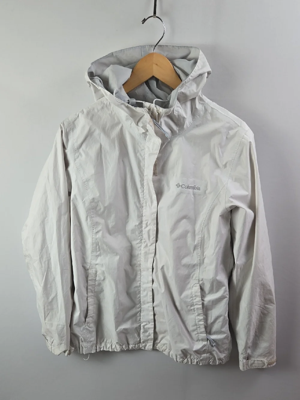 Columbia Arcadia II Kadın White Hooded Rain Jacket Sz M Hiking Adventure Outdoor